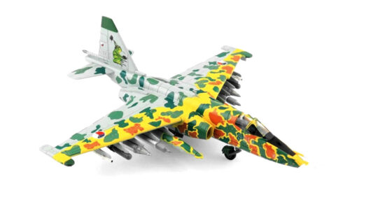 Front starboard side view of the 1/72 scale diecast model Sukhoi Su-25K Grach, #9013. Of the 30th Combat Aviation Regiment, Czechoslovak Air Force, circa 1993, in the paint scheme used for air show demonstrations - Hobby Master HA6106