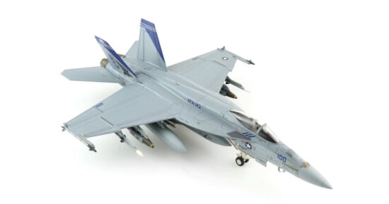 Front starboard side view of the 1/72 scale diecast model Boeing F/A-18E Super Hornet tail code AG/100, CAG of VFA-143 Pukin Dogs", US Navy, 2009 - HA5126