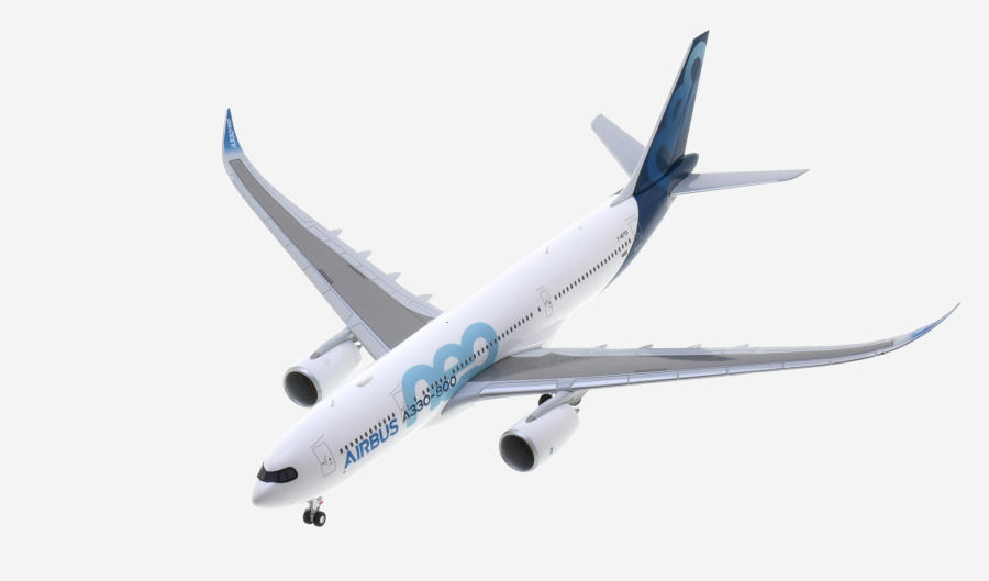 Top view of the 1/200 scale plastic diecast model of the Airbus A330-800N registration F-WTTO in Airbus 'House Colours", the first A330-800neo circa 2020 - HER571999