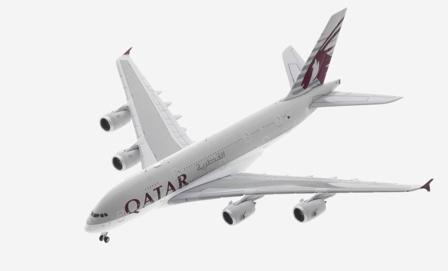 Top view of the 1/400 scale diecast model of the Airbus A380-800, registration A7-APJ in Qatar Airways livery -JC4QTR0047 / XX40047