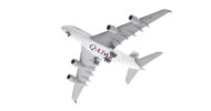 Underside view of the 1/400 scale diecast model of the Airbus A380-800, registration A7-APJ in Qatar Airways livery -JC4QTR0047 / XX40047