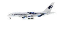 Port side view of the 1/400 scale diecast model Airbus A380-800 of registration A7-APJ in Malaysia Airlines livery - XX40050