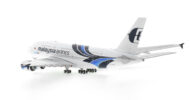 Rear view of the 1/400 scale diecast model Airbus A380-800 of registration A7-APJ in Malaysia Airlines livery - XX40050