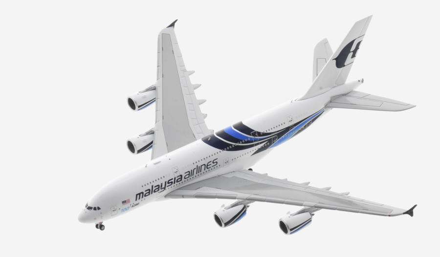 Top view of the 1/400 scale diecast model Airbus A380-800 of registration A7-APJ in Malaysia Airlines livery - XX40050