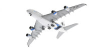 Underside view of the 1/400 scale diecast model Airbus A380-800 of registration A7-APJ in Malaysia Airlines livery - XX40050