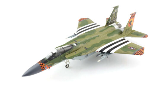 Front port side view of the 1/72 scale diecast model McDonnell Douglas F-15C Eagle named "Sandman", serial number 78-0543 of the 114th Fighter Squadron "Eager Beavers", 173rd Fighter Wing, Oregon Air National Guard, 2020 - HA4530