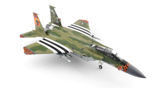 Front starboard side view of the 1/72 scale diecast model McDonnell Douglas F-15C Eagle named "Sandman", serial number 78-0543 of the 114th Fighter Squadron "Eager Beavers", 173rd Fighter Wing, Oregon Air National Guard, 2020 - HA4530