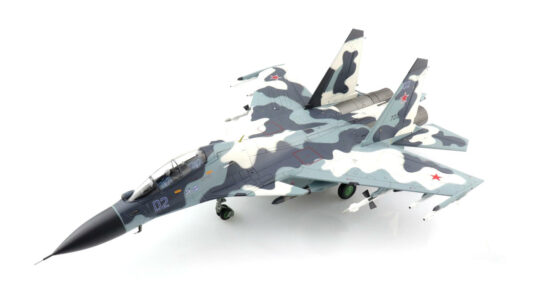 Front port side view of the 1/72 scale diecast model Sukhoi Su-30MK (NATO reporting name: Flanker H), "Blue 02", VVS,2009 - HA9504