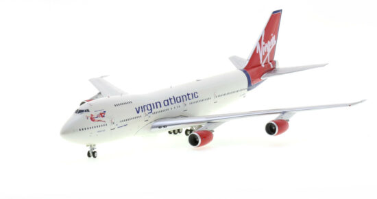 Front port side view of the 1/200 scale diecast model of the Boeing 747-200B registration G-VSSS, named "Island Lady", in Virgin Atlantic Airways livery circa the early 2000s - JF-747-2-034