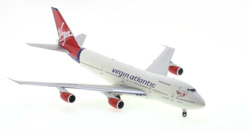Front starboard side view of the 1/200 scale diecast model of the Boeing 747-200B registration G-VSSS, named "Island Lady", in Virgin Atlantic Airways livery circa the early 2000s - JF-747-2-034