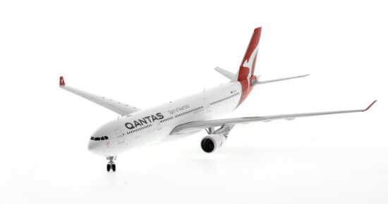 Front port side view of the 1/200 scale diecast model of the Airbus A330-300, registration VH-QPH, Named "Noosa" in Qantas livery - G2QFA1191