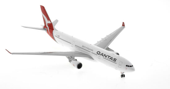 Front starboard side view of the 1/200 scale diecast model of the Airbus A330-300, registration VH-QPH, Named "Noosa" in Qantas livery - G2QFA1191