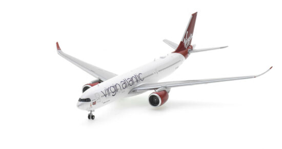 Front port side view of the 1/400 scale diecast model Airbus A330-900 NEO registration G-VJAZ named "Billie Holiday" in Virgin Atlantic Airways livery - GJVIR2181