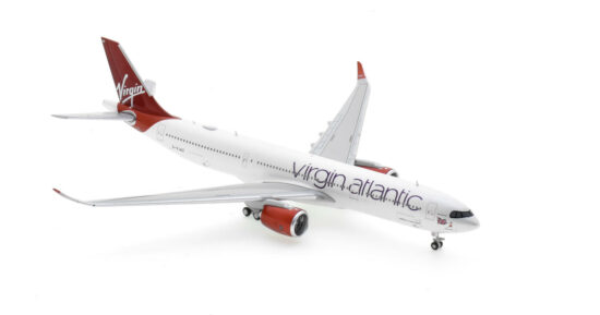 Front starboard side view of the 1/400 scale diecast model Airbus A330-900 NEO registration G-VJAZ named "Billie Holiday" in Virgin Atlantic Airways livery - GJVIR2181