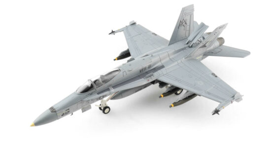 Front port side view of the 1/72 scale diecast model McDonnell Douglas F/A-18C Hornet "MiG Killer" BuNo 163502 of VFA-81 "Sunliners", Tail Code AA/410, USN, Operation Desert Storm 1991 - HA3571