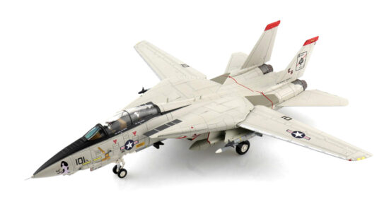 Front port side view of the 1/72 scale diecast model Grumman F-14A Tomcat named "Queen of Aces", BuNo 162689 tail code AJ/101 of Fighter Squadron 41 "Black Aces", US Navy, "Operation Desert Storm" 1991 - HA5230