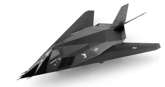 Front port side iew of the 1/72 scale diecast model Lockheed F-117A Nighthawk, s/n 84-0828, tail code TR with "40 Years of Owning the Night" tail logo "Dark Knights", USAF, Sentry Savannah exercise, 2022 - HA5811
