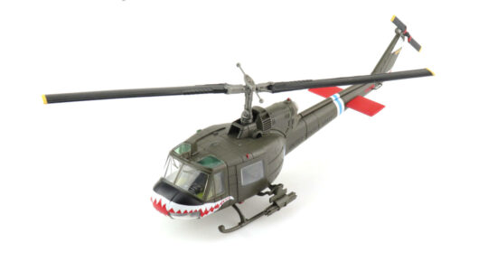 Front port side view of the 1/72 scale diecast model Bell UH-1C Iroquois (nickname: Huey) serial number 66-15045, named "Easy Rider" of the 174th Assault Helicopter Company "Sharks", United States Army, Vietnam, 1970 - HH1014