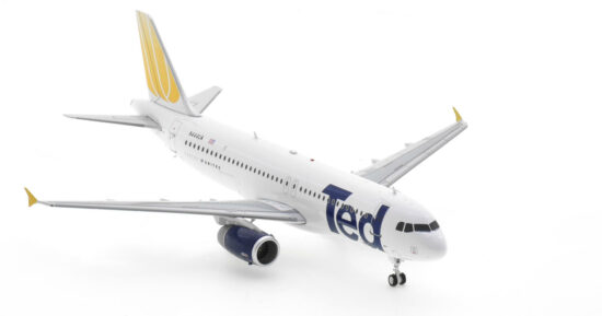 Front starboard side view of the 1/200 scale diecast model of the Airbus A320-200 registration N444UA in Ted livery, a divisional brand of United Airlines - IF320UA0820