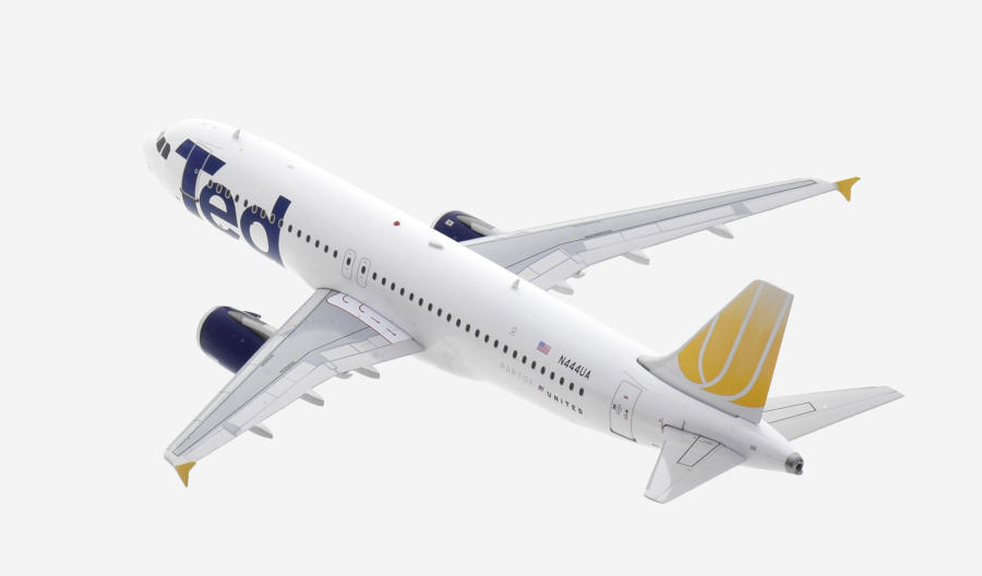 Top view of the 1/200 scale diecast model of the Airbus A320-200 registration N444UA in Ted livery, a divisional brand of United Airlines - IF320UA0820