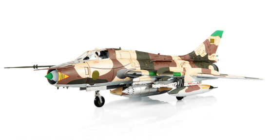 Front port side view of the 1/72 scale diecast model of the Sukhoi SU-22M of the Libyan Arab Republic Air Force (LARAF), Gulf of Sidra Incident, August 19, 1981 - JCW-72-SU22-001