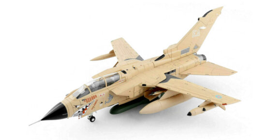 Front port side view of the 1/72 scale diecast model Panavia Tornado GR 4 of serial number ZA447/EA, "MiG Eater" of No. 15 Squadron, Royal Air Force during Operation Desert Storm, 1991 - AA39806