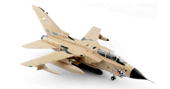 Front starboard side view of the 1/72 scale diecast model Panavia Tornado GR 4 of serial number ZA447/EA, "MiG Eater" of No. 15 Squadron, Royal Air Force during Operation Desert Storm, 1991 - AA39806