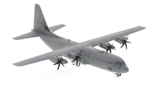 Front starboard side view of the 1/200 scale diecast model Lockheed C-130J Super Hercules, s/n A97-448, with the RAAF's "100 Years" tail logo, N0. 37 Squadron, RAAF - G2RAA1141