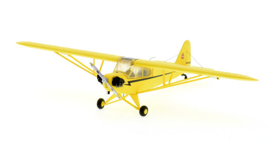 Front port side view of the 1/72 scale diecast model Piper J-3C Cub, registration N6393H in the standard "Cub Yellow" or "Lock Haven Yellow" paint scheme - GGPIP014