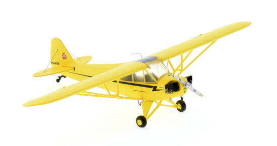 Front starboard side view of the 1/72 scale diecast model Piper J-3C Cub, registration N6393H in the standard "Cub Yellow" or "Lock Haven Yellow" paint scheme - GGPIP014