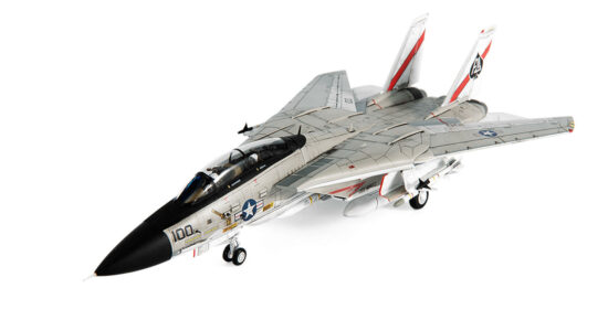 Front port side view of the 1/72 scale diecast model Grumman F-14A Tomcat BuNo 160379, tail code AJ/100 of Fighter Squadron 41 "Black Aces", 1978 - JCW-72-F14-012