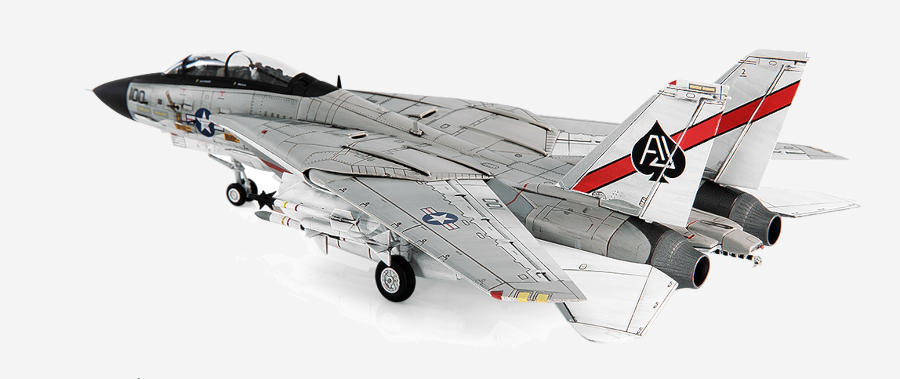 rear port side view of the 1/72 scale diecast model Grumman F-14A Tomcat BuNo 160379, tail code AJ/100 of Fighter Squadron 41  "Black Aces", 1978 - JCW-72-F14-012