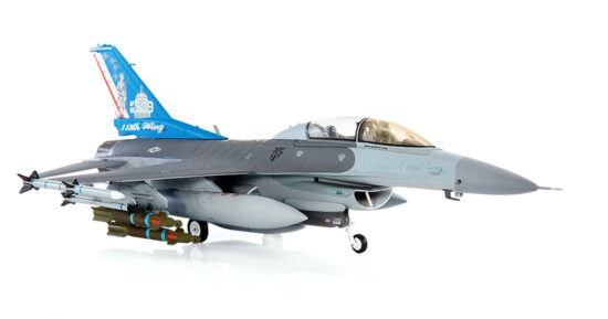 Front starboard side view of the 1/72 scale diecast model Lockheed F-16D Block 30, s/n 85-1509 Of the 121st Fighter Squadron, 113th Fighter Wing, District of Columbia Air National Guard with 113th FW tail flash - JCW-72-F16-016