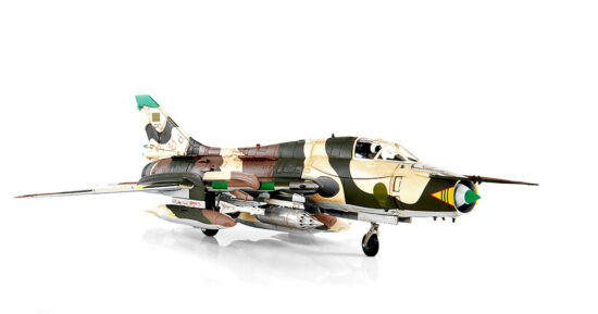 Front starboard side view of the 1/72 scale diecast model of the Sukhoi SU-22M of the Libyan Arab Republic Air Force (LARAF), Gulf of Sidra Incident, August 19, 1981 - JCW-72-SU22-001