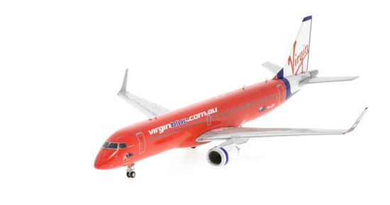 Front port side view of the 1/200 scale diecast model Embraer 190AR of registration VH-ZPI in Virgin Blue livery - XX20338 / JC2VOZ0338