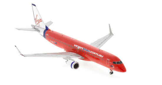 Front starboard side view of the 1/200 scale diecast model Embraer 190AR of registration VH-ZPI in Virgin Blue livery - XX20338 / JC2VOZ0338