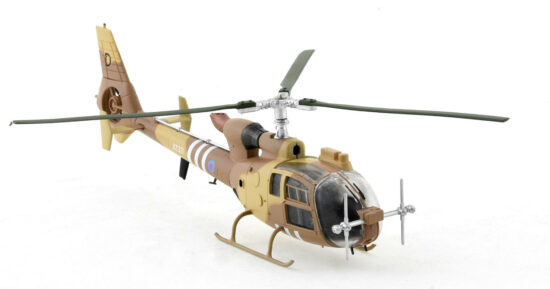 Front starboard side view of the 1/72 scale diecast model of the Westland Gazelle AH. 1 serial number XZ321 in the colour scheme used by the 4 Regiment, Army Air Corps, British Army, during Operation Grandby - AV7224005