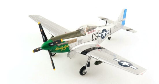Front port side view of the 1/48 scale diecast model North American P-51D Mustang, serial number 414733, squadron code CS-l, Named "Daddy's Girl". Assigned to Major Ray Wetmore, 370th Fighter Squadron, 359th Fighter Group, United States Army Air Force, Norfolk, England, 1945 - HA7748