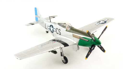 Front starboard side view of the 1/48 scale diecast model North American P-51D Mustang, serial number 414733, squadron code CS-l, Named "Daddy's Girl". Assigned to Major Ray Wetmore, 370th Fighter Squadron, 359th Fighter Group, United States Army Air Force, Norfolk, England, 1945 - HA7748