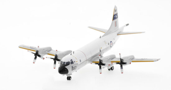 Front port side View of the 1/200 scale diecast model of the Lockheed P-3C Orion serial number A9-663 of No. 11 Squadron, Royal Australian Air Force, circa the 1980s - IFP3RAAF663