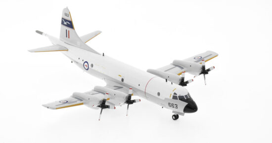 Front starboard side View of the 1/200 scale diecast model of the Lockheed P-3C Orion serial number A9-663 of No. 11 Squadron, Royal Australian Air Force, circa the 1980s - IFP3RAAF663
