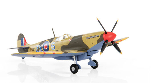 Front starboard side view of the 1/72 scale diecast model of the Supermarine Spitfire Mk IXC sqn code ZX-6, s/n EN315, flown by Polish ace Sqn Ldr Stanislaw Skalski, 'C' flight "Polish Fighting Team", No. 145 Sqn, RAF, Tunisia, March 1943 - JCW-72-SPF-003