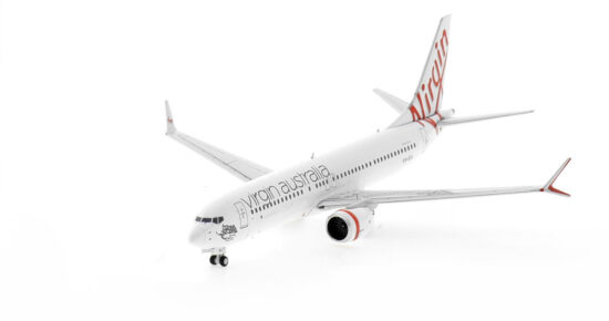 Front port side view of the 1/400 scale diecast model of the Boeing 737-8 MAX registration VH-8IA,  named "Monkey Mia" in Virgin Australia livery - 88020