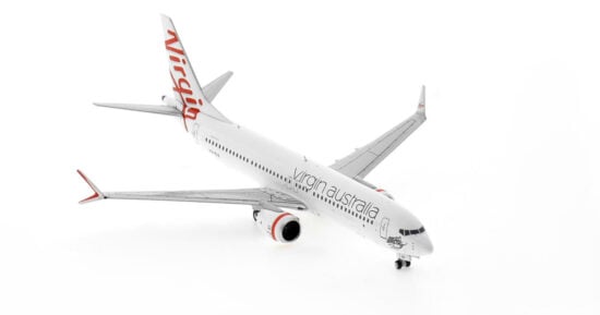 Front starboard side view of the 1/400 scale diecast model of the Boeing 737-8 MAX registration VH-8IA,  named "Monkey Mia" in Virgin Australia livery - 88020