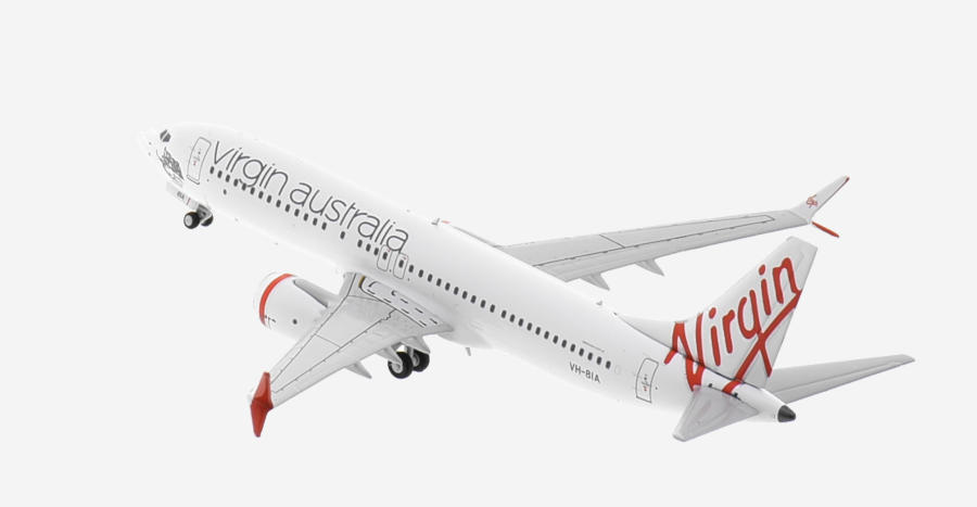 Top view of the 1/400 scale diecast model of the Boeing 737-8 MAX registration VH-8IA,  named "Monkey Mia" in Virgin Australia livery - 88020