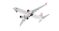Underside view of the 1/400 scale diecast model of the Boeing 737-8 MAX registration VH-8IA,  named "Monkey Mia" in Virgin Australia livery - 88020