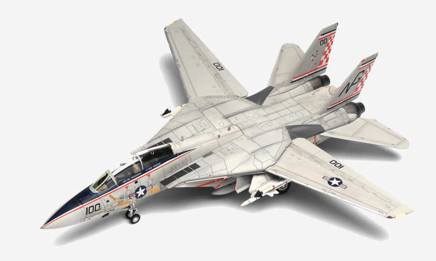 Top view with wings spread of the 1/72 scale diecast model of the Grumman F-14A Tomcat, tail code NG/100 of VF-211 "Fighting Checkmates", US Navy -  CA721417