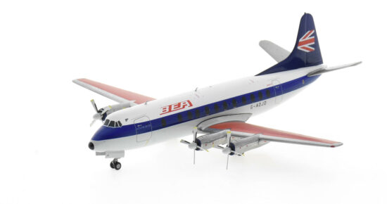 Front port side view of the 1/200 scale diecast model Vickers Viscount 800, registration G-AOJD, in British European Airways (BEA) "Speedjack" livery, circa 1970 - HE572095
