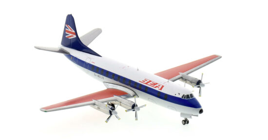 Front starboard side view of the 1/200 scale diecast model Vickers Viscount 800, registration G-AOJD, in British European Airways (BEA) "Speedjack" livery, circa 1970 - HE572095