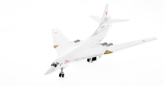 Front port side view with wings swept of the 1/200 scale diecast model Tupolev Tu-160 White Swan Bort Number "Red 02", serial number RF-94102 of the 121st Guards Heavy Bomber Aviation Regiment, Voyenno-vozdushnye sily Rossii (Military Air Forces of Russia) - HE572118